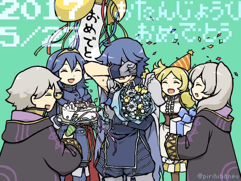 blonde_hair blue_eyes blue_hair blush brother_and_sister cake cape closed_eyes dress dual_persona father_and_daughter fire_emblem fire_emblem:_kakusei food gloves hair_ornament krom liz_(fire_emblem) long_hair lucina male_my_unit_(fire_emblem:_kakusei) my_unit_(fire_emblem:_kakusei) open_mouth pirihiba short_hair short_twintails siblings smile sumia tiara twintails