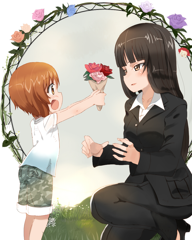 2girls alknasn black_hair bouquet brown_eyes brown_hair camouflage camouflage_pants flower formal girls_und_panzer hime_cut mother_and_daughter multiple_girls nishizumi_miho nishizumi_shiho pant_suit pants shirt shorts suit t-shirt younger