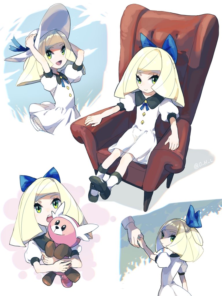 1girl blonde_hair bow chair dress female green_eyes hair_bow hands_on_headwear hat koutetsu_(fe_steel_stone) long_hair lusamine_(pokemon) open_mouth pokemon pokemon_(creature) pokemon_(game) pokemon_sm short_sleeves sitting stufful sun_hat white_dress white_hat younger