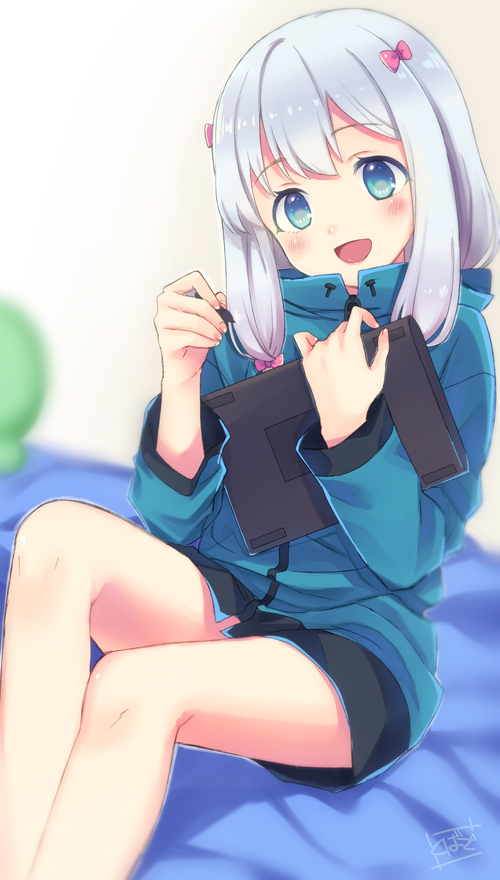 1girl blue_eyes blurry bow commentary_request depth_of_field eromanga_sensei hair_bow izumi_sagiri jacket long_hair low-tied_long_hair open_mouth pink_bow silver_hair solo stuffed_animal stuffed_octopus stuffed_toy stylus tablet tobade_(tbdfactory)