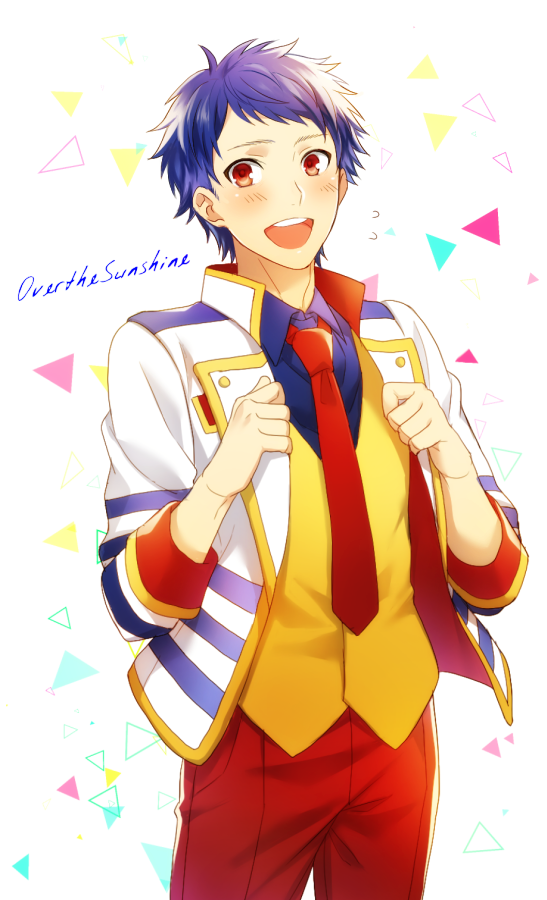1boy :d adjusting_clothes blue_hair blush cowboy_shot flying_sweatdrops ichijou_shin idol jacket king_of_prism_by_prettyrhythm looking_at_viewer male_focus necktie open_clothes open_jacket open_mouth pants patterned_background pretty_rhythm red_eyes red_necktie shiron_(shiro_n) smile solo song_name waistcoat