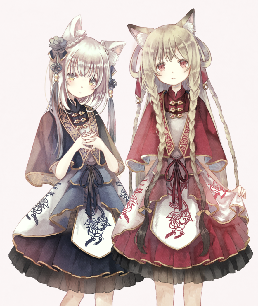 2girls :3 :| animal_ears arm_at_side bangs beige_background blonde_hair blue_ribbon blue_rose blush braid brown_hair cat_ears cat_girl closed_mouth crossed_bangs expressionless eyebrows_visible_through_hair eyelashes floral_print flower flower_knot french_braid gradient_hair grey_eyes hair_rings hands_clasped height_difference holding_clothes long_hair looking_at_viewer multicolored multicolored_eyes multicolored_hair multiple_girls original oro_ponzu own_hands_together pearl red_eyes red_ribbon ribbon rose see-through short_hair side_braid simple_background smile tareme tassel twin_braids very_long_hair white_hair yellow_eyes yellow_ribbon