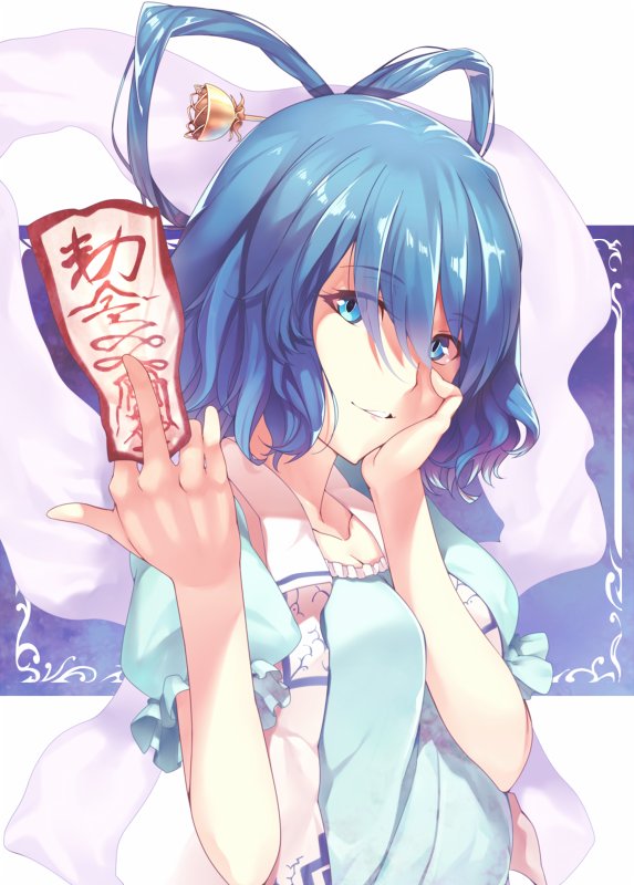 1girl bangs blue_eyes blue_hair blue_shirt breasts from_side hagoromo hair_between_eyes hair_ornament hair_rings hair_stick hand_on_own_cheek kaiza_(rider000) kaku_seiga looking_at_viewer looking_to_the_side medium_breasts ofuda open_clothes open_vest parted_lips puffy_short_sleeves puffy_sleeves shawl shirt short_sleeves smile solo touhou upper_body vest white_vest