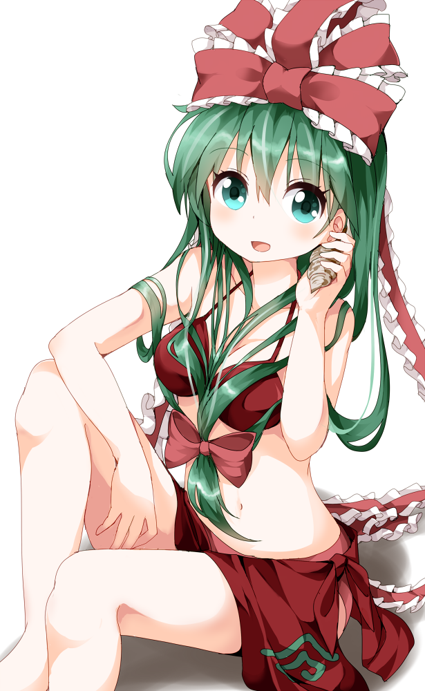 1girl :d adapted_costume aqua_eyes bare_shoulders bikini bow collarbone commentary_request front_ponytail green_hair hair_bow hair_ribbon hand_on_own_face kagiyama_hina long_hair looking_at_viewer midriff navel open_mouth red_bikini revealing_clothes ribbon ruu_(tksymkw) sarong seashell shell shell_to_ear simple_background sitting skirt smile solo swimsuit touhou white_background