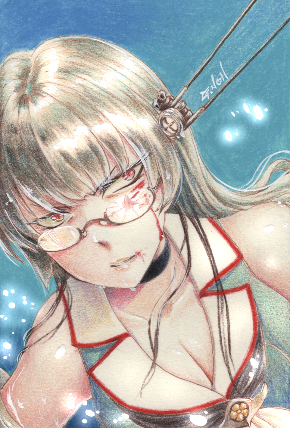 1girl artist_name bangs bare_arms bare_shoulders black-framed_eyewear black_choker black_hair blood blood_on_face breasts broken_glasses brooch choker choukai_(kantai_collection) cleavage collarbone constricted_pupils double_vertical_stripe dutch_angle eyelashes glowing hair_over_shoulder headgear highres jewelry kantai_collection kikumon light_particles lips long_hair looking_at_viewer medium_breasts millipen_(medium) neckerchief parted_lips postcard red_eyes shirt sleeveless sleeveless_shirt slit_pupils solo tesun_(g_noh) traditional_media watercolor_pencil_(medium) wide-eyed
