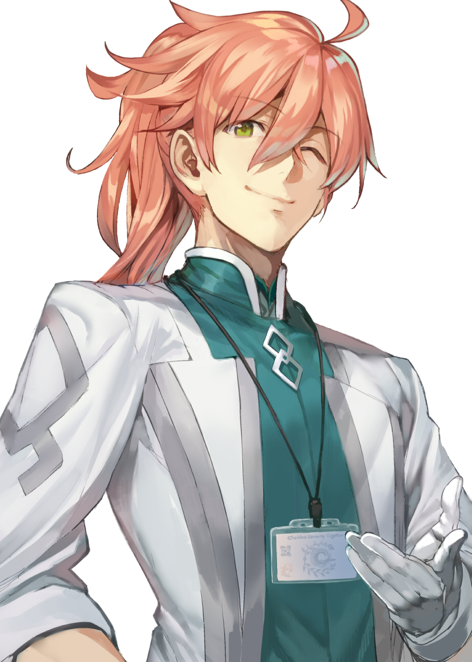 1boy ;) ahoge eyebrows_visible_through_hair fate/grand_order fate_(series) gloves green_eyes highres id_card labcoat long_hair male_focus one_eye_closed orange_hair ponytail romani_akiman shirabi_(life-is-free) simple_background smile solo upper_body white_background white_gloves