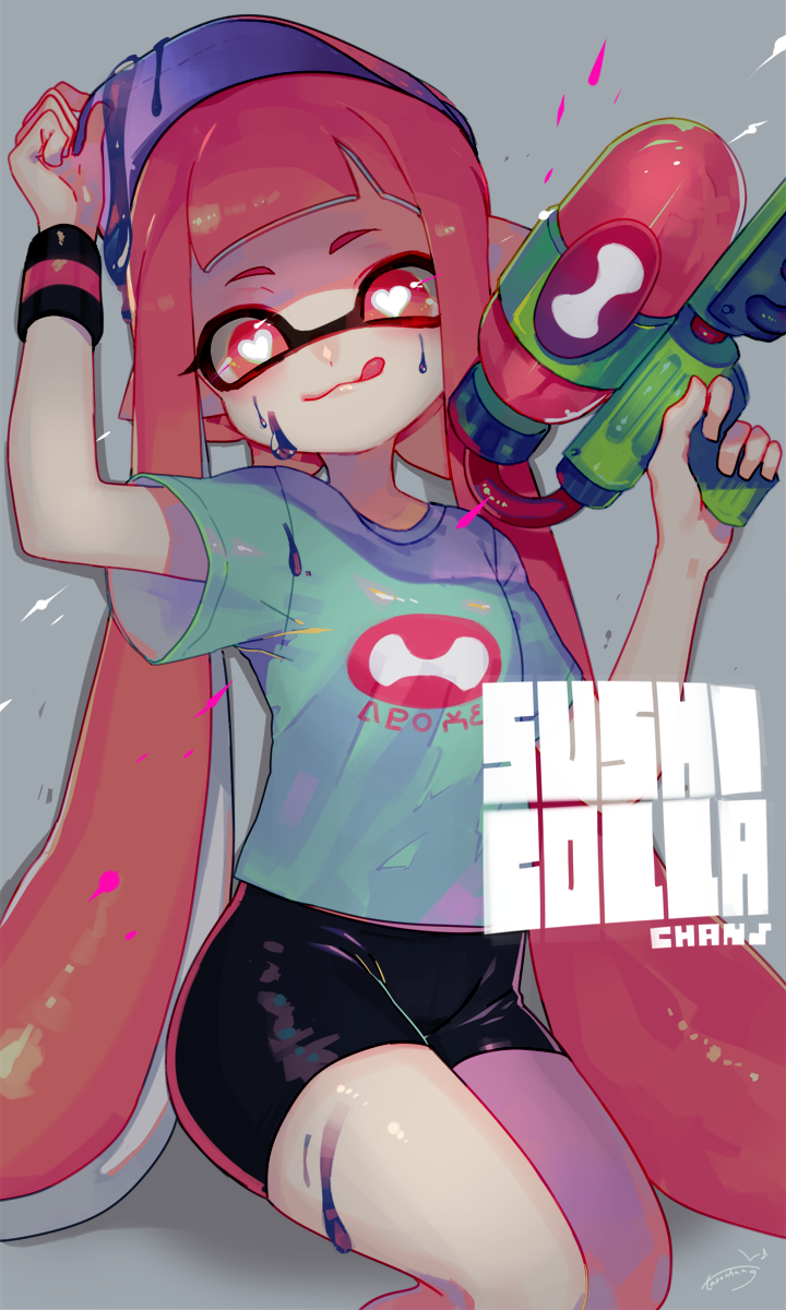 1girl :d bike_shorts domino_mask hat hat_tip heart heart-shaped_pupils highres inkling licking_lips long_hair looking_at_viewer mask nintendo open_mouth orange_eyes orange_hair paint paint_on_face shirt short_sleeves sitting smile solo splatoon splatoon_2 super_soaker symbol-shaped_pupils t-shirt tarochang tentacle_hair text tongue tongue_out wristband