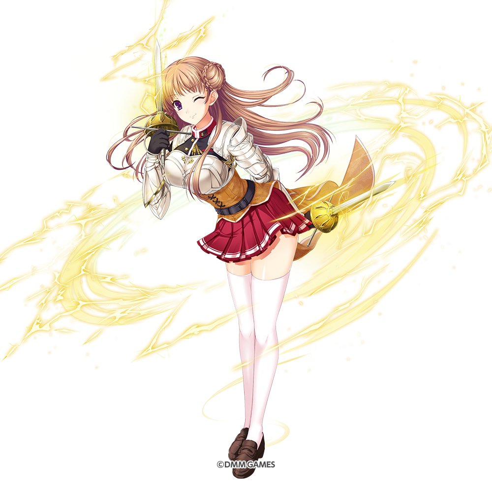 1girl armor bangs breastplate breasts brown_hair copyright_name dual_wielding eyebrows_visible_through_hair full_body gauntlets holding holding_weapon kami_project komori_kei lightning long_hair looking_at_viewer noel_maresse_ascot official_art one_eye_closed overskirt pleated_skirt red_skirt shoes simple_background skirt smile solo standing thigh-highs uniform violet_eyes walkure_romanze weapon white_background white_legwear zettai_ryouiki