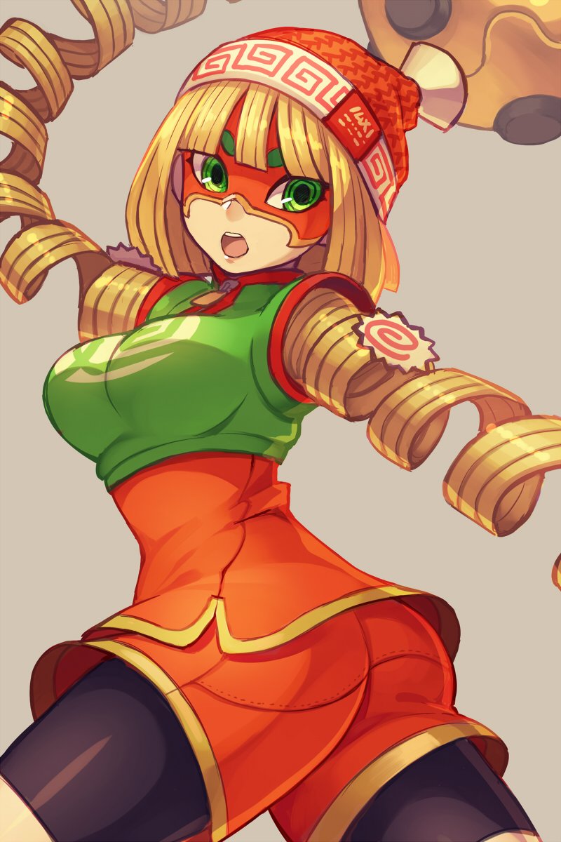 1girl arms_(game) bangs beanie blonde_hair chinese_clothes food green_eyes hat highres looking_at_viewer mask min_min_(arms) noodles open_mouth short_hair solo