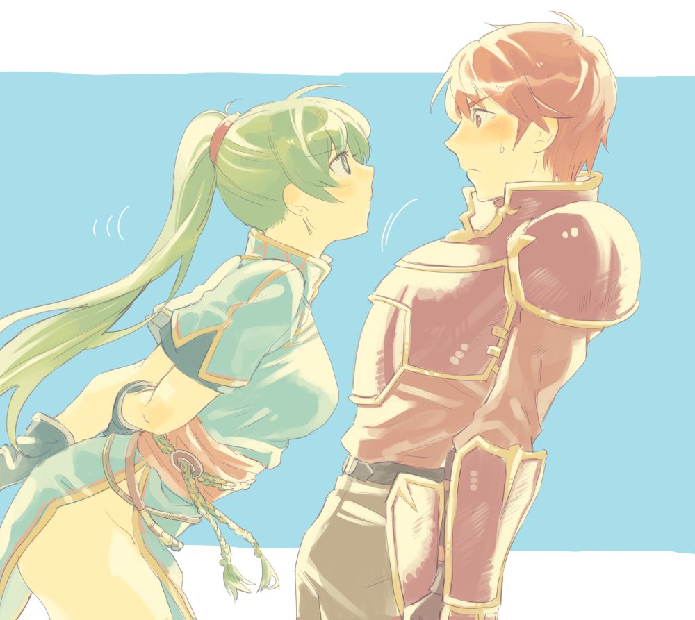 1boy 1girl aisutabetao aqua_dress armor arms_behind_back belt black_gloves blue_background blush breastplate breasts couple cowboy_shot dress earrings embarrassed eye_contact face-to-face fire_emblem fire_emblem:_rekka_no_ken gloves green_eyes green_hair groin hetero highres jewelry kent_(fire_emblem) large_breasts leaning leaning_back leaning_forward long_hair looking_at_another lyndis_(fire_emblem) motion_lines nintendo orange_hair pants pelvic_curtain ponytail profile red_armor red_eyes sash shiny shiny_hair shirt short_hair short_sleeves shy side_slit simple_background sketch sweatdrop thighs