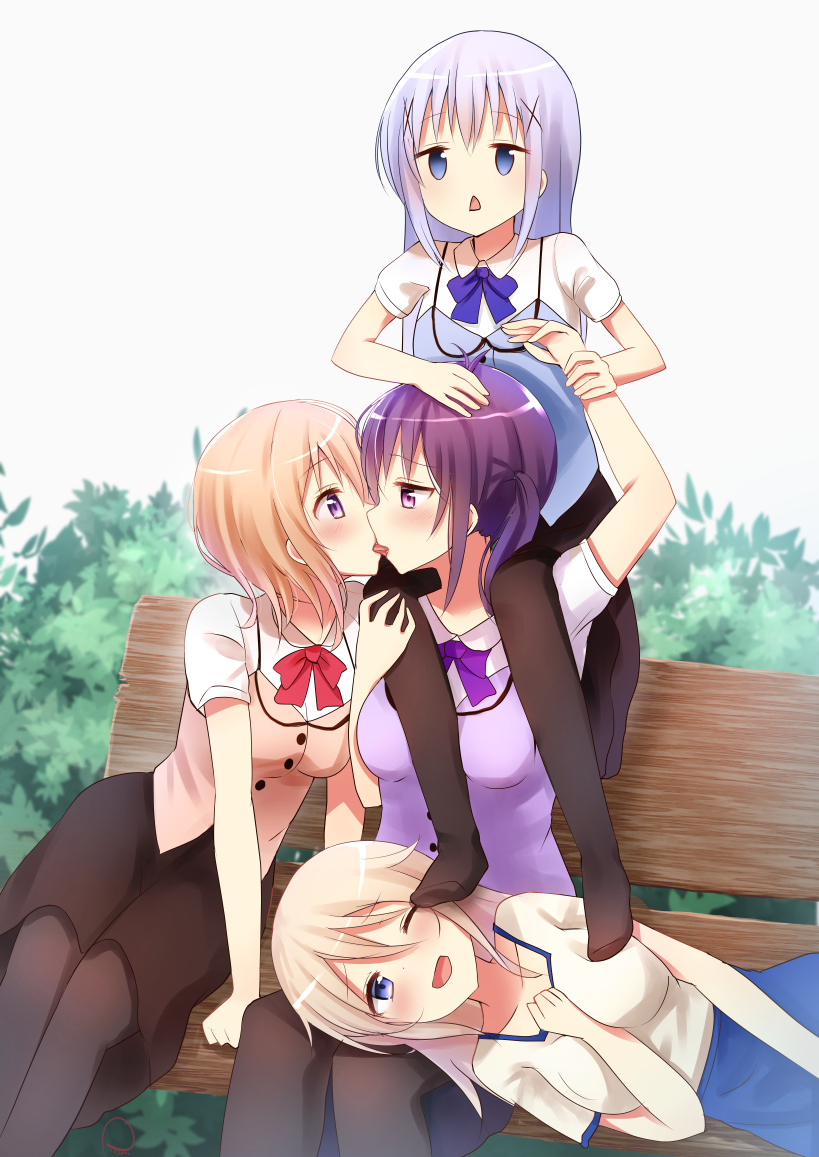 4girls aoyama_blue_mountain bangs bench between_breasts black_legwear black_skirt blonde_hair blue_bow blue_bowtie blue_eyes bow bowtie breasts bush buttons carrying collarbone collared_shirt commentary_request eye_contact eyebrows_visible_through_hair foot_on_breast foot_on_face french_kiss gochuumon_wa_usagi_desu_ka? hair_between_eyes hair_ornament hairclip hand_between_breasts hand_on_another's_head hand_on_another's_knee hand_rest hoto_cocoa jitome kafuu_chino kiss lap_pillow large_breasts leaning_forward light_blue_hair long_hair looking_at_another looking_at_viewer lying medium_breasts multiple_girls no_shoes one_eye_closed open_mouth orange_hair pantyhose pink_vest piripun puffy_short_sleeves puffy_sleeves purple_bow purple_bowtie purple_hair purple_skirt purple_vest rabbit_house_uniform red_bow red_bowtie shirt short_hair short_sleeves shoulder_carry sidelocks sitting skirt tedeza_rize triangle_mouth twintails uniform vest violet_eyes white_shirt wrist_grab x_hair_ornament yuri