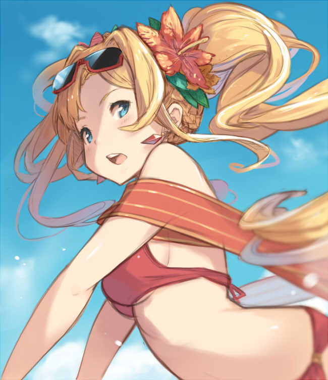 1girl bikini blonde_hair blue_eyes blurry breasts clouds commentary_request day depth_of_field earrings flower from_side granblue_fantasy hair_flower hair_ornament hanarito jewelry long_hair medium_breasts outdoors red-framed_eyewear red_bikini sky solo sunglasses sunglasses_on_head swimsuit twintails upper_body zeta_(granblue_fantasy)