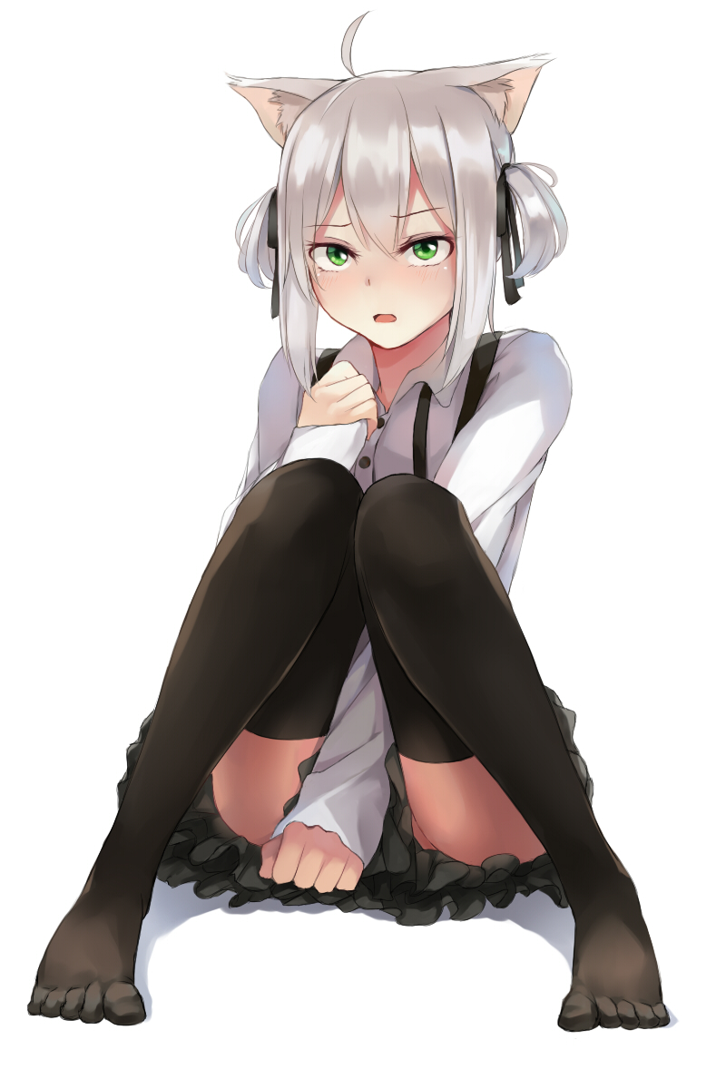 1girl ahoge animal_ears bangs black_ribbon black_skirt blush cat_ears collared_shirt covering covering_crotch eyebrows_visible_through_hair frills green_eyes hair_ribbon highres knees_together_feet_apart long_sleeves looking_at_viewer open_mouth original ribbon shadow shirt short_hair_with_long_locks sidelocks silver_hair simple_background sitting skirt solo suspenders taira_(pixiv9613131) thigh-highs thighs toes two_side_up white_background white_shirt