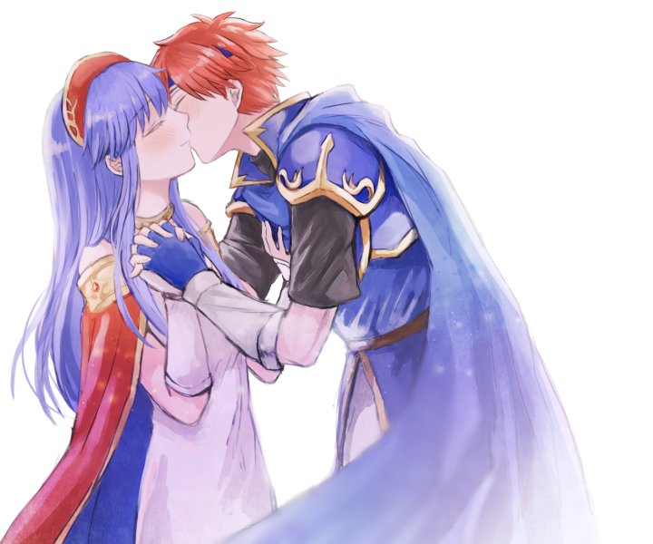 1boy 1girl armor blue_hair blush breastplate cape closed_eyes couple dress fingerless_gloves fire_emblem fire_emblem:_fuuin_no_tsurugi gloves headband hetero kiss lilina pauldrons redhead roy_(fire_emblem) simple_background smile white_background wspread