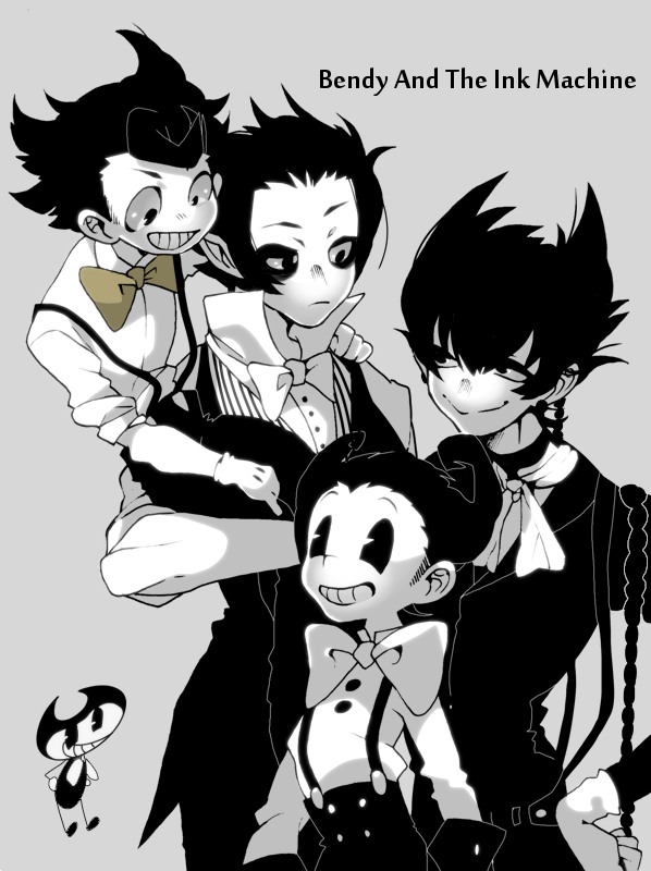 4boys agen_chiita bendy_(character) bendy_and_the_ink_machine black_hair boris_the_wolf bow bowtie child closed_mouth copyright_name cowboy_shot gloves grey_background grin looking_at_another male_focus multiple_boys multiple_persona pac-man_eyes personification pointy_hair sammy_lawrence simple_background sitting_on_shoulder smile striped suspenders vertical_stripes waistcoat white_bow white_bowtie white_gloves white_skin yellow_bow yellow_bowtie