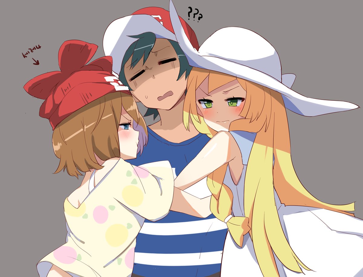 1boy 2girls ?? blonde_hair blue_eyes cosplay female_protagonist_(pokemon_sm) female_protagonist_(pokemon_sm)_(cosplay) green_eyes jealous lillie_(pokemon) mizuki_(pokemon_sm) multiple_girls pokemon pokemon_(anime) pokemon_(game) pokemon_sm pokemon_sm_(anime)