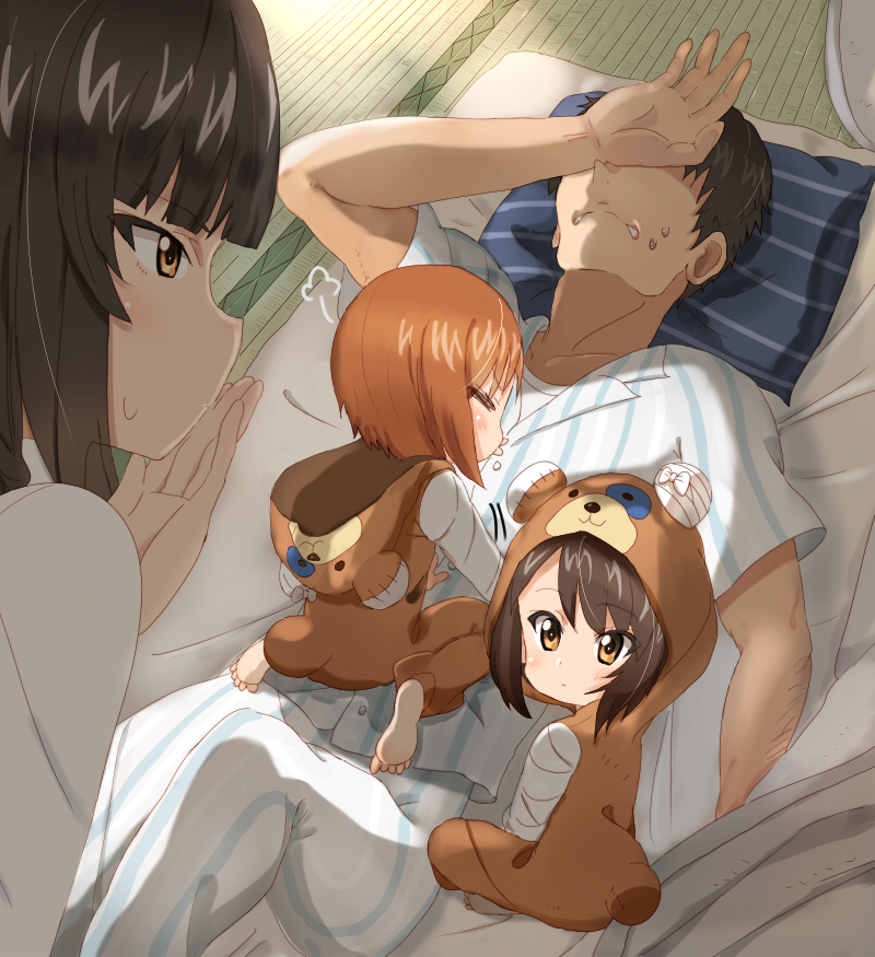 1boy 3girls alknasn arm_on_head bed_sheet black_hair boko_(girls_und_panzer) brown_hair cosplay covering_eyes covering_mouth father_and_daughter futon girls_und_panzer husband_and_wife kigurumi mother_and_daughter multiple_girls nishizumi_maho nishizumi_miho nishizumi_shiho nishizumi_tsuneo pajamas pillow siblings sisters under_covers waking_another waking_up younger