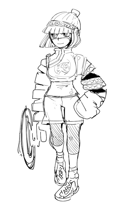 1girl arms_(game) bangs beanie bike_shorts chinese_clothes facepaint food full_body hat legwear_under_shorts looking_at_viewer mask min_min_(arms) monochrome noodles short_hair shorts solo