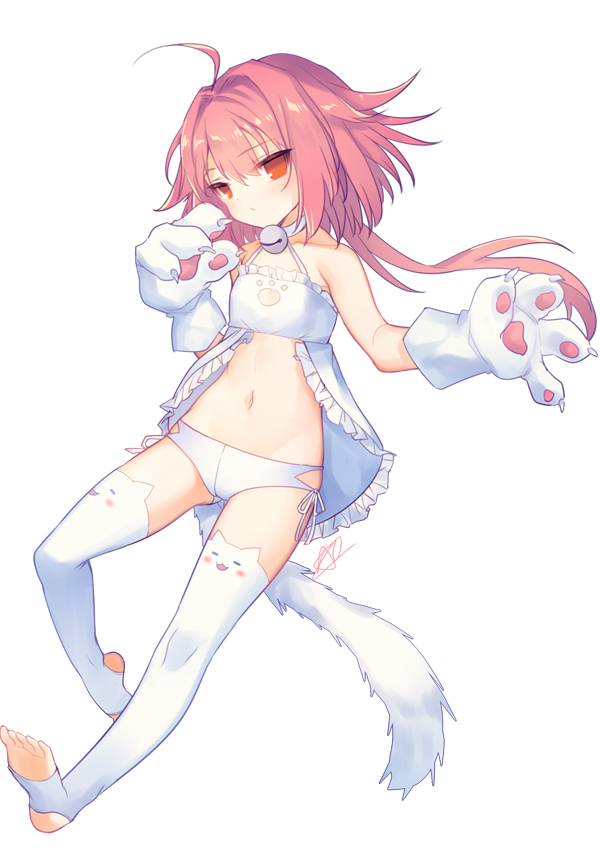 1girl ahoge babydoll bangs cat_band_legwear closed_mouth closers eyebrows_visible_through_hair full_body hair_between_eyes lingerie long_hair looking_at_viewer orange_eyes panties paws pink_hair side-tie_panties solo tail toeless_legwear underwear utm white_legwear white_panties