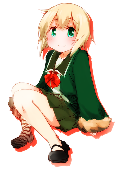 1girl blonde_hair bow bowtie fur_trim green_eyes green_jacket green_skirt jacket kantai_collection long_hair long_sleeves looking_at_viewer open_mouth pleated_skirt red_bow red_bowtie shimushu_(kantai_collection) short_hair skirt smile solo suna_kiririto white_legwear