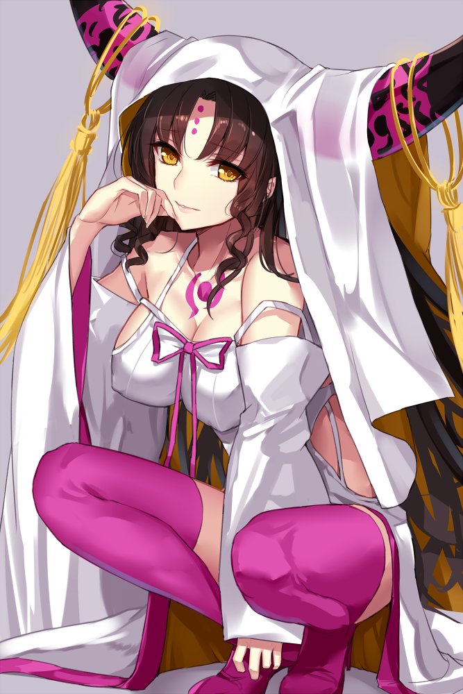 1girl aosaki_yukina bare_shoulders black_hair boots breasts cleavage collarbone detached_sleeves erect_nipples facial_mark fate/extra fate/extra_ccc fate_(series) forehead_mark high_heel_boots high_heels horns large_breasts long_hair long_sleeves looking_at_viewer pink_boots sesshouin_kiara smile solo squatting tattoo thigh-highs thigh_boots veil very_long_hair wavy_hair wide_sleeves yellow_eyes