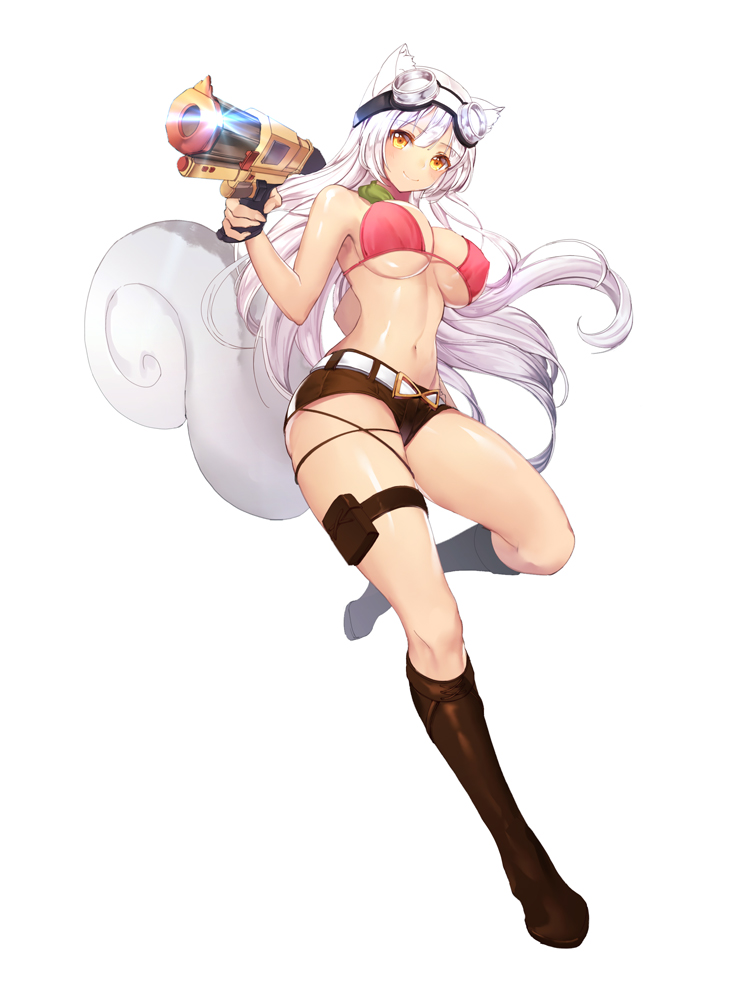 1girl animal_ears belt bikini bikini_top blush boots breasts brown_boots cleavage dermiss goggles goggles_on_head gun large_breasts long_hair looking_at_viewer pink_bikini short_shorts shorts smile solo squirrel_ears squirrel_tail swimsuit tail thigh_strap under_boob weapon white_hair yellow_eyes