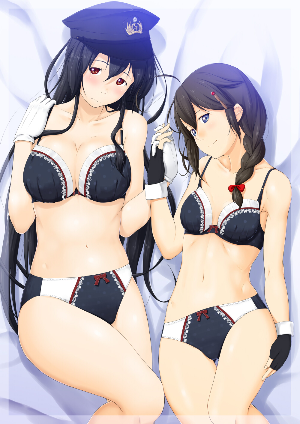 2girls ahoge bangs bare_legs black_bra black_gloves black_hair black_panties blush bow bow_bra bow_panties bra braid breasts brown_eyes brown_hair collarbone colored commentary_request female_admiral_(kantai_collection) fingerless_gloves gloves grey_eyes hair_between_eyes hair_bow hair_ornament hair_over_shoulder hand_holding hand_on_hip hand_on_own_shoulder hat highres kantai_collection lace lace-trimmed_bra lace-trimmed_panties large_breasts long_hair looking_at_viewer lying messy_hair military_hat multicolored multicolored_bra multicolored_clothes multiple_girls niwatazumi on_back on_bed panties red_bow shigure_(kantai_collection) sidelocks single_braid smile tatebayashi_sakurako underwear underwear_only white_gloves wrist_cuffs
