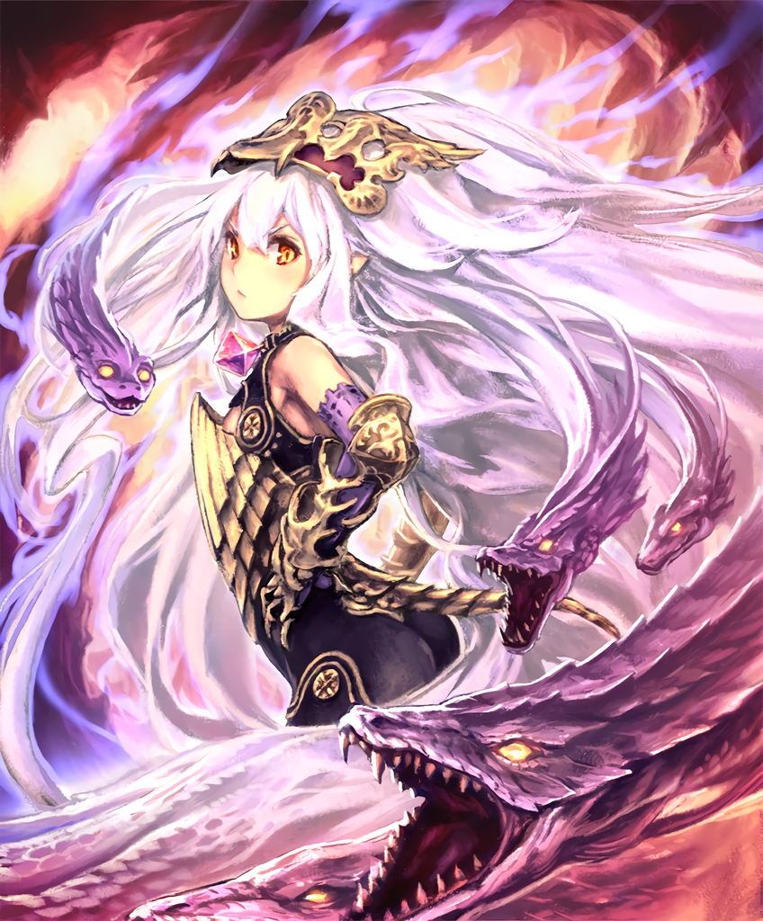 1girl angry armor artist_request bare_shoulders cygames elbow_gloves fangs gem gloves hair_ornament long_hair looking_at_viewer medusa_(shingeki_no_bahamut) official_art pointy_ears shadowverse shingeki_no_bahamut snake tail very_long_hair white_hair yellow_eyes