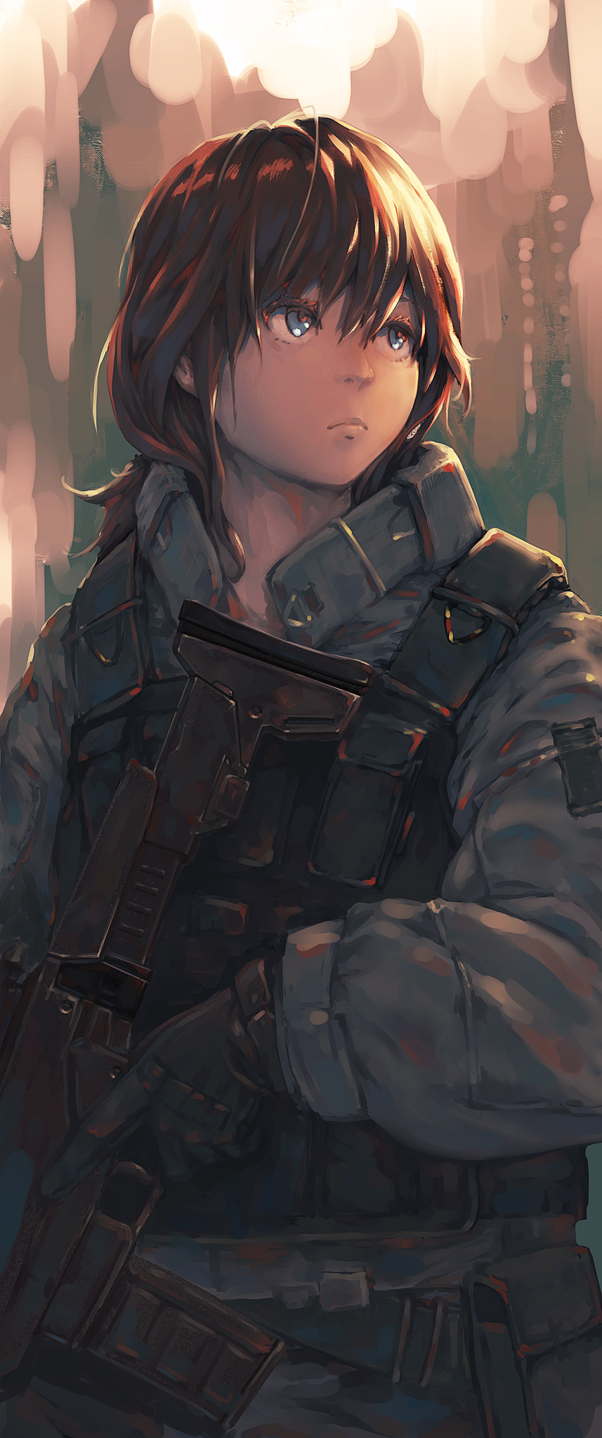 1girl assault_rifle backlighting blue_eyes brown_hair dark frown gloves gun highres lights load_bearing_vest looking_away looking_to_the_side low_ponytail military military_uniform original pouch rifle sato_(options) soldier solo trigger_discipline uniform weapon
