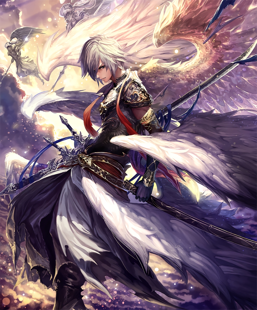 1boy angel_wings armor artist_request clouds cloudy_sky cygames feathers looking_back lucifer_(shingeki_no_bahamut) multiple_wings official_art scabbard seraph shadowverse sheath shingeki_no_bahamut sky sword weapon white_hair wings