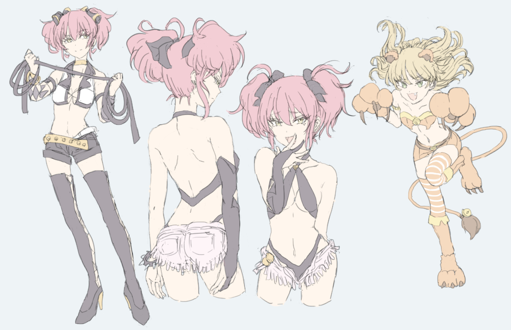 2girls alternate_costume animal_ears ass bikini blonde_hair boots breasts choker cleavage fang flat_chest from_behind gloves green_eyes halter_top halterneck high_heel_boots high_heels idolmaster idolmaster_cinderella_girls jougasaki_mika jougasaki_rika lion_ears lion_tail looking_at_viewer midriff multiple_girls navel o-ring_top open_clothes open_shorts paw_gloves paws pink_hair short_shorts shorts skirt sling_bikini small_breasts smile strapless striped striped_legwear swimsuit tail thigh-highs tomason tubetop twintails whip