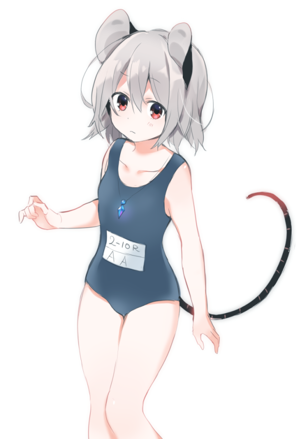 1girl akagashi_hagane alternate_costume animal_ears arm_at_side bare_arms blue_swimsuit blush closed_mouth collarbone dot_nose eyebrows_visible_through_hair eyelashes flat_chest grey_hair hair_between_eyes hand_up jewelry looking_at_viewer mouse_ears mouse_tail nazrin necklace new_school_swimsuit one-piece_swimsuit pendant raised_eyebrow red_eyes school_swimsuit short_hair simple_background solo striped_tail swimsuit tag tail touhou white_background