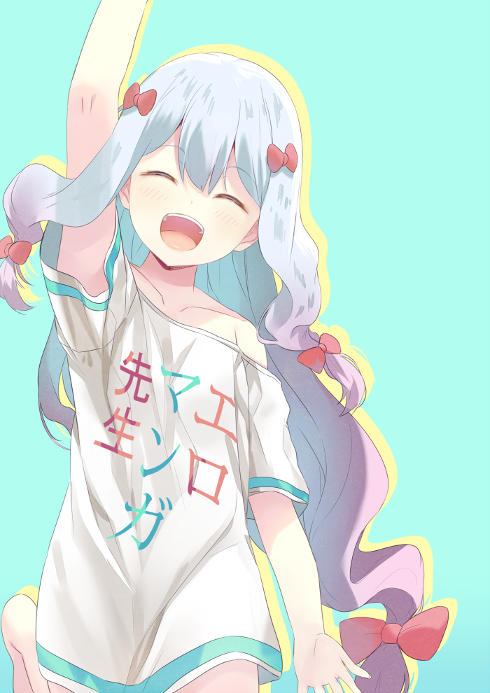 1girl :d ^_^ adrenaline!!! arm_up bare_shoulders blue_hair blush bow closed_eyes clothes_writing eromanga_sensei green_background hair_bow izumi_sagiri jumping long_hair mashiromi_noah off_shoulder open_mouth red_bow shirt short_sleeves simple_background smile solo t-shirt