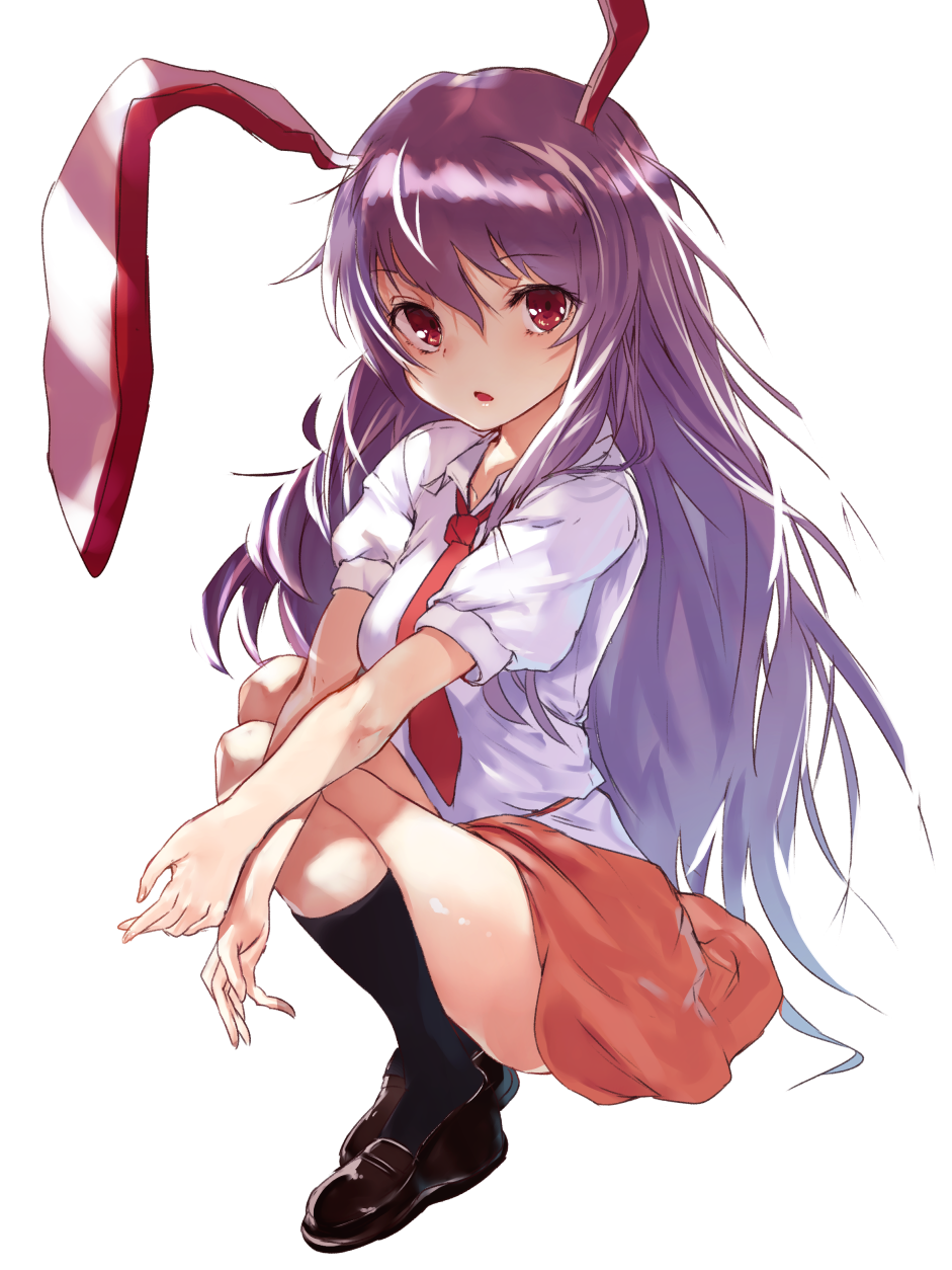 1girl animal_ears asuzemu bangs black_legwear black_shoes full_body hair_between_eyes highres long_hair looking_at_viewer miniskirt necktie puffy_short_sleeves puffy_sleeves purple_hair rabbit_ears red_eyes red_necktie red_skirt reisen_udongein_inaba shirt shoes short_sleeves simple_background skirt solo squatting touhou very_long_hair white_background white_shirt