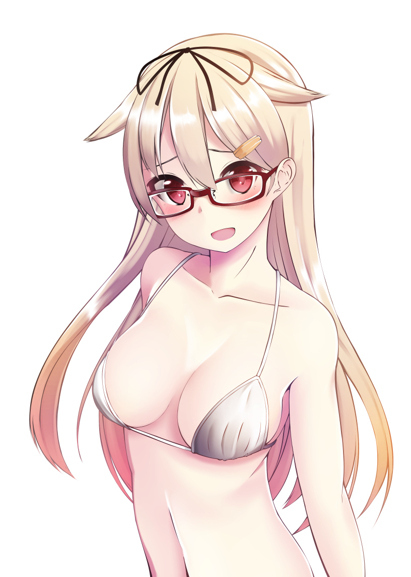 1girl :d arms_at_sides bare_arms bare_shoulders bespectacled bikini bikini_top black_ribbon blonde_hair blush breasts cleavage collarbone commentary_request glasses gradient_hair hair_between_eyes hair_flaps hair_ribbon kantai_collection long_hair looking_at_viewer medium_breasts multicolored_hair navel nekobaka open_mouth orange_hair raised_eyebrows red_eyes remodel_(kantai_collection) ribbon smile solo stomach straight_hair string_bikini swimsuit upper_body very_long_hair white_bikini yuudachi_(kantai_collection)