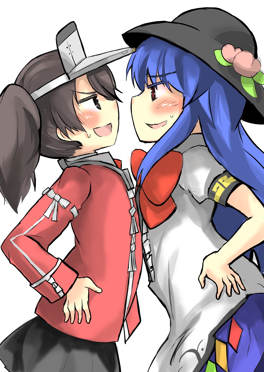 2girls blue_hair blush breast_press brown_eyes brown_hair crossover eye_contact flat_chest food fruit gaoo_(frpjx283) hand_on_hip hat highres hinanawi_tenshi japanese_clothes kantai_collection kariginu long_hair long_sleeves looking_at_another multiple_girls open_mouth peach red_eyes ryuujou_(kantai_collection) short_sleeves skirt sweatdrop symmetrical_docking touhou trait_connection twintails visor_cap white_background