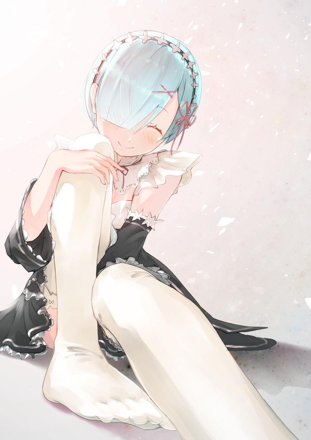 1girl between_legs blue_hair blush breasts closed_eyes detached_collar detached_sleeves frilled_sleeves frills hair_ornament hair_over_one_eye hair_ribbon hand_between_legs hand_on_leg highres maid maid_headdress pink_ribbon re:zero_kara_hajimeru_isekai_seikatsu rem_(re:zero) ribbon shadow short_hair sitting smile smile_(qd4nsvik) white_legwear x_hair_ornament