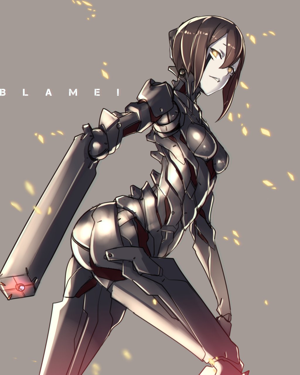 1girl android ass ban blame! breasts brown_hair glowing glowing_eyes highres looking_at_viewer pale_skin parted_lips sanakan smile solo teeth yellow_eyes