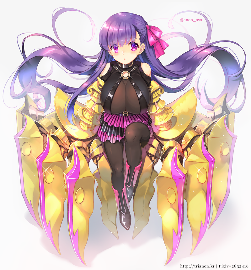 1girl bare_shoulders black_legwear boots breasts claws commentary_request eyebrows_visible_through_hair fate/extra fate/extra_ccc fate_(series) floating_hair full_body gauntlets hair_ribbon large_breasts long_hair o-ring_top pantyhose passion_lip pink_ribbon purple_hair ribbon shadow skirt solo trianon twitter_username very_long_hair violet_eyes watermark web_address