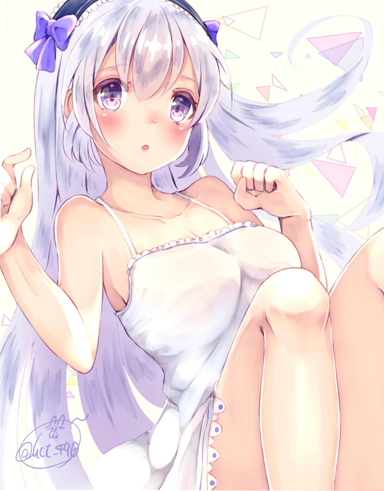 1girl :o bad_hands bangs bare_arms bare_legs bare_shoulders blush bow chita_(ketchup) clenched_hand collarbone dress foreshortening frilled_dress frills hair_bow hairband hands_up knees_up leaning_back lolita_hairband long_hair looking_at_viewer nose_blush open_mouth original purple_bow shiny shiny_hair signature silver_hair sitting solo spaghetti_strap straight_hair sundress tareme triangle very_long_hair violet_eyes