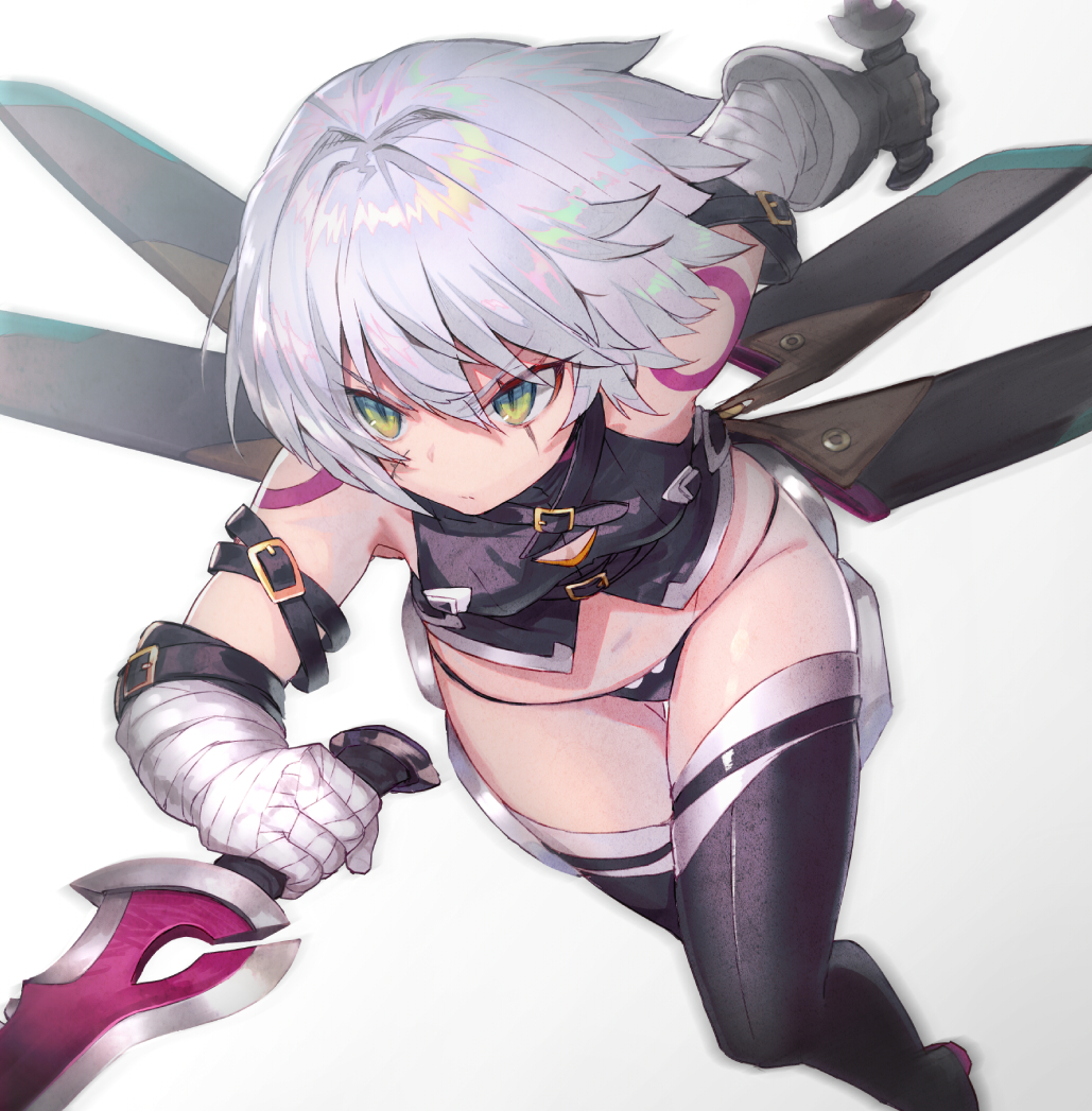 1girl assassin_of_black bandage bandaged_arm bare_shoulders bending_forward black_legwear dagger dual_wielding eye_scar fate/apocrypha fate/grand_order fate_(series) fighting_stance gluteal_fold green_eyes navel panties scar scar_across_eye serious shirabi_(life-is-free) short_hair silver_hair tattoo thigh-highs thighs underwear weapon white_background white_hair