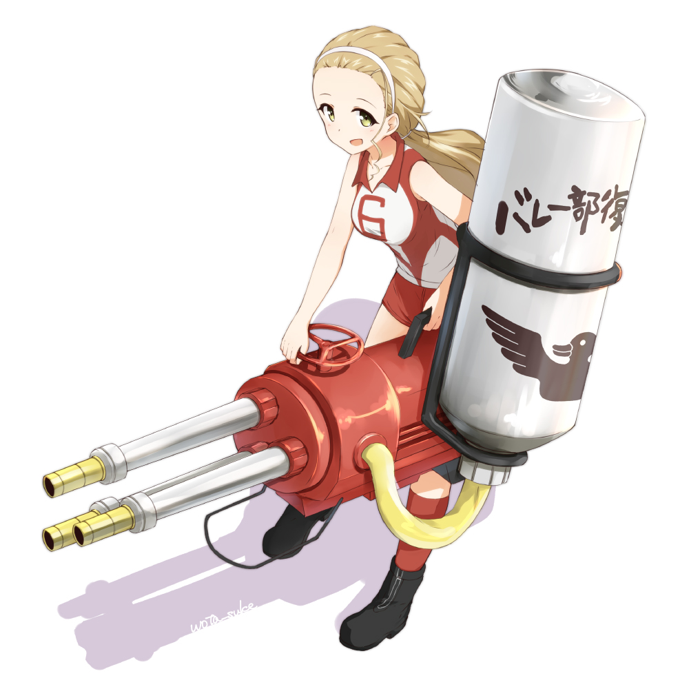 1girl bird black_boots blonde_hair boots brown_eyes duck emblem full_body girls_und_panzer hair_pulled_back hairband holding holding_weapon hydra_splatling_(splatoon) leaning_forward long_hair looking_at_viewer open_mouth red_legwear red_shirt red_shorts sasaki_akebi shadow shirt short_shorts shorts simple_background sleeveless sleeveless_shirt smile socks solo splatoon sportswear standing suke_(momijigari) translated volleyball_uniform weapon white_background white_hairband