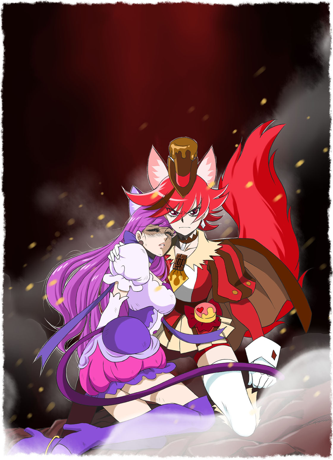 2girls animal_ears blush boots cat_ears cat_tail closed_eyes cure_chocolat cure_macaron dog_ears dog_tail earrings elbow_gloves gloves hat highres jewelry kenjou_akira kirakira_precure_a_la_mode kneeling kotozume_yukari long_hair looking_at_viewer magical_girl multiple_girls precure puffy_sleeves purple_hair purple_legwear red_eyes sabachiyo_land skirt tail thigh-highs thigh_boots white_gloves white_legwear