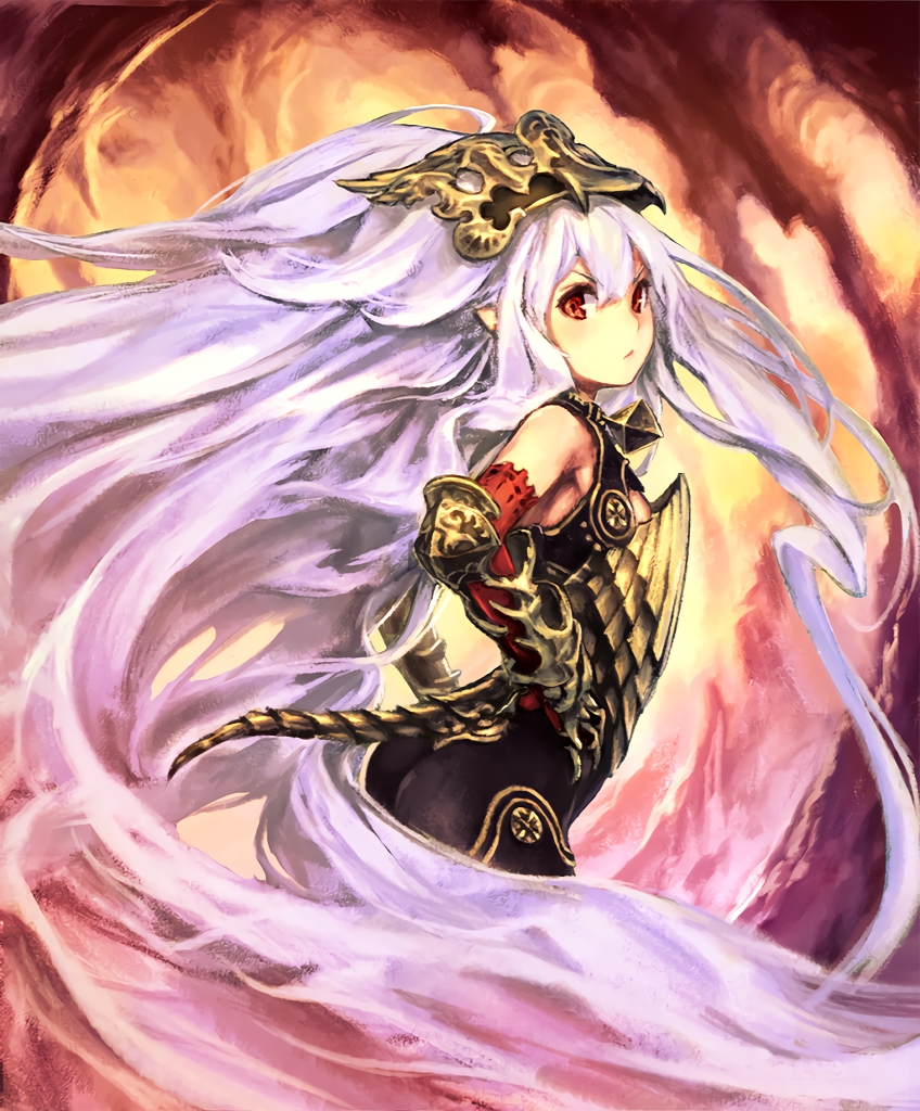 1girl angry armor artist_request bare_shoulders cygames elbow_gloves gloves hair_ornament lavender_hair long_hair looking_at_viewer medusa_(shingeki_no_bahamut) official_art pointy_ears red_eyes shadowverse shingeki_no_bahamut tail very_long_hair