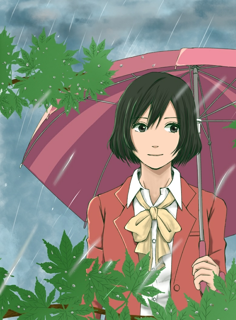 1girl commentary_request green_eyes green_hair holding holding_umbrella kimi_no_na_wa kotonoha_no_niwa leaf rain umbrella yukino_yukari