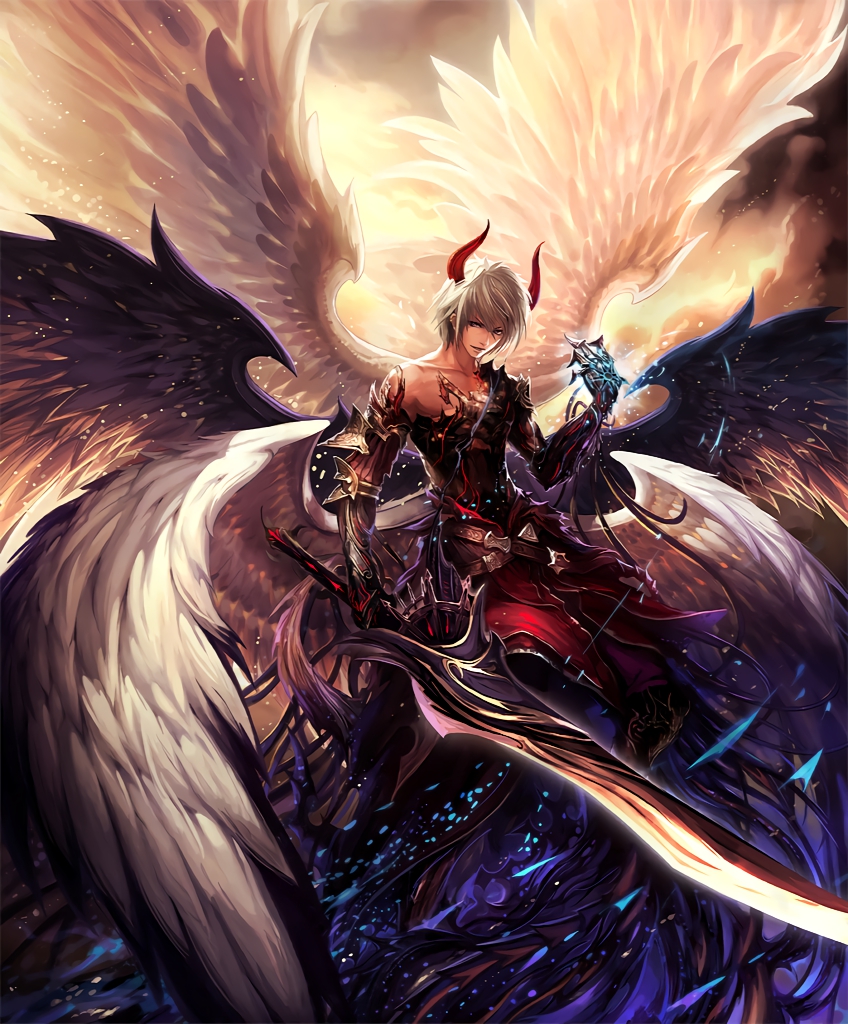 1boy angel_wings artist_request asymmetrical_clothes cygames dark_persona demon_boy demon_horns demon_wings fallen_angel feathers holding holding_sword holding_weapon horns lucifer_(shingeki_no_bahamut) multiple_wings official_art seraph shadowverse shingeki_no_bahamut sword weapon white_hair wings