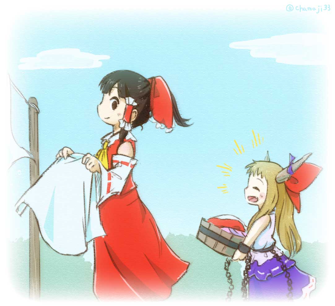 2girls ^_^ ^o^ ascot bangs bed_sheet blunt_bangs bow brown_eyes brown_hair bucket chains chamaji closed_eyes clothesline clouds commentary_request cuffs detached_sleeves eyebrows_visible_through_hair frills hair_bow hair_tubes hakurei_reimu horn_ribbon horns ibuki_suika laundry long_hair multiple_girls nontraditional_miko outdoors pole ribbon shackles skirt skirt_set sleeveless touhou tree twitter_username