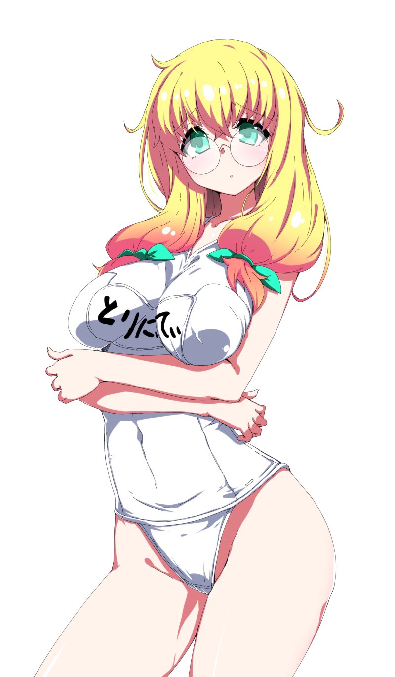 blazblue blonde_hair breasts crossed_arms glasses green_eyes highres kaname_nagi large_breasts round_glasses school_swimsuit simple_background swimsuit trinity_glassfield twintails