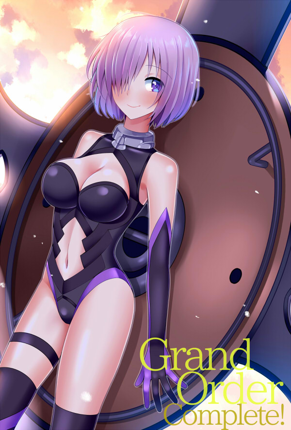 1girl arms_at_sides backlighting bare_shoulders black_gloves black_legwear black_leotard breasts cleavage cleavage_cutout clouds collar commentary_request copyright_name cowboy_shot elbow_gloves eyebrows_visible_through_hair fate_(series) gloves hair_over_one_eye jomo_(haccapan) leotard looking_at_viewer medium_breasts navel navel_cutout oversized_object pink_hair shield shielder_(fate/grand_order) shiny shiny_skin short_hair solo stomach tareme thigh-highs thigh_strap thighs violet_eyes