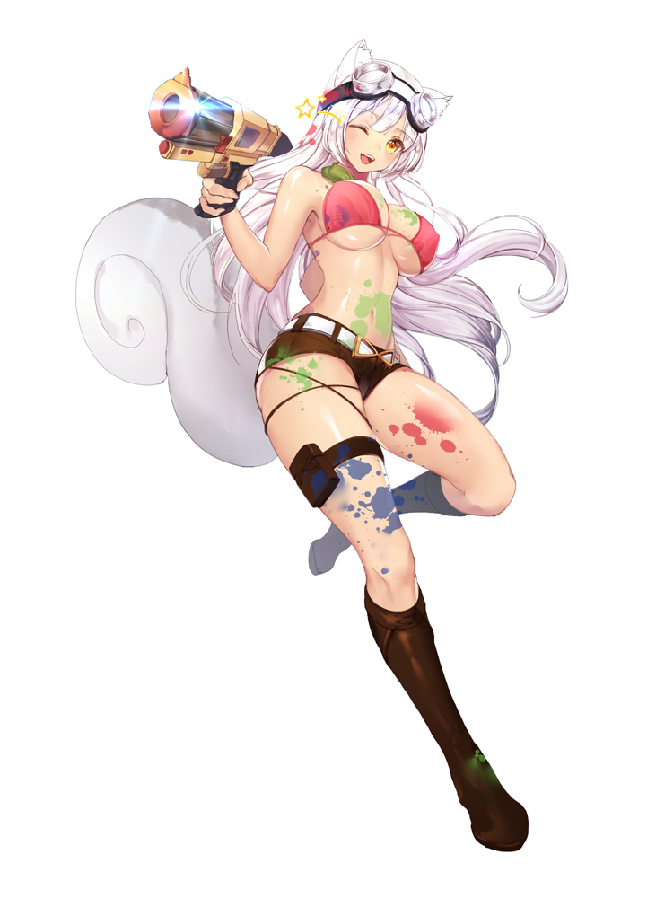 1girl :d animal_ears belt bikini bikini_top blush boots breasts brown_boots cleavage dermiss goggles goggles_on_head gun large_breasts long_hair looking_at_viewer one_eye_closed open_mouth paint_on_body pink_bikini short_shorts shorts smile solo squirrel_ears squirrel_tail star swimsuit tail thigh_strap under_boob weapon white_hair yellow_eyes